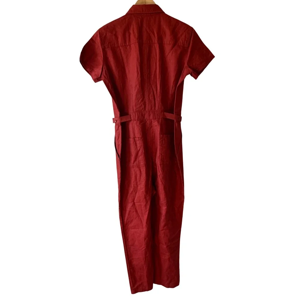 Quince Cotton Linen Twill Short Sleeve Coverall Jumpsuit Rust Red KDW01 S